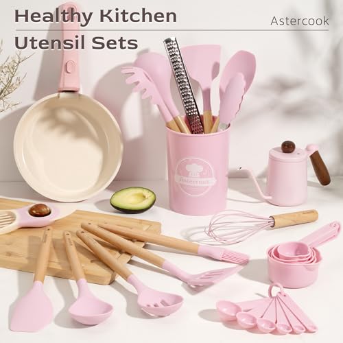 Silicone Kitchen Utensils Set 39 Pcs with Wooden Handles - Heat Resistant BPA-Free Pink