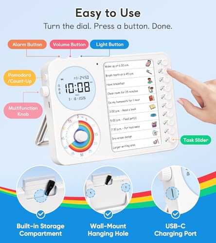 White 3-in-1 Visual Timer & ADHD Tool for Kids & Adults – Task Schedule & Chore Chart