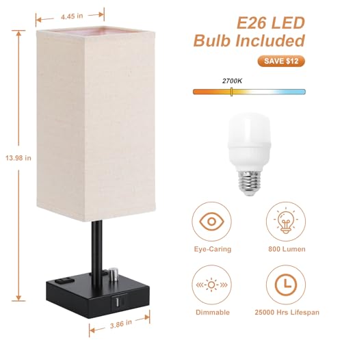 Aooshine Beige 14in Bedside Table Lamps Set of 2 with Dimmable USB-C+A Outlets