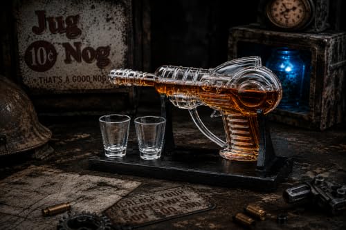 KAAS HAUS Whiskey Decanter Set with Wood Stand & 2 Shot Glasses, Retro Sci-Fi Space Pistol Design, 250mL Gift for Men