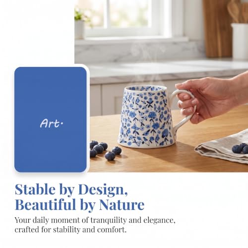 MOCERAKAI Blue Large Ceramic Flower Mug 13.5oz - Handmade Irregular Tea Coffee Cup for Women