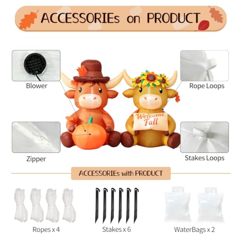 Fall Highland Cow Inflatable Decoration - 6 FT Outdoor Halloween & Autumn Yard Decor with Pumpkin & Welcome Sign - DomKom