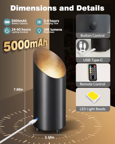 Black Wireless Indoor Uplights 2 Pack - Rechargeable Dimmable LED Spotlights with Remote & Timer