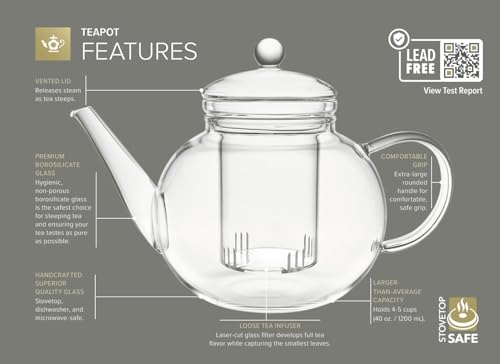 40 Fl Oz Glass Tea Kettle & Infuser Set with Blooming Teas - Microwave & Stovetop Safe