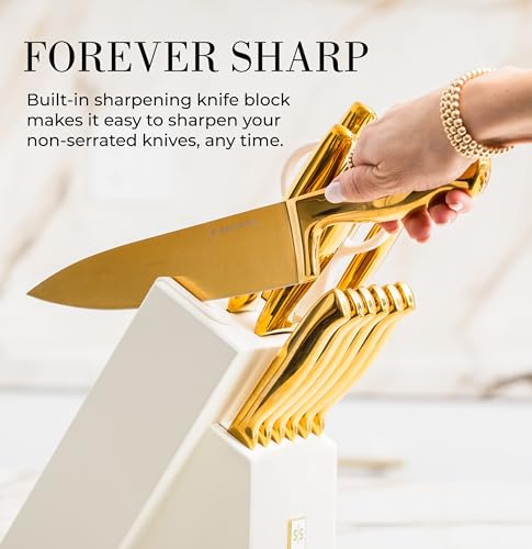 Gold Knife Set with Block & Sharpener - 14-Piece Kitchen Cutlery Collection