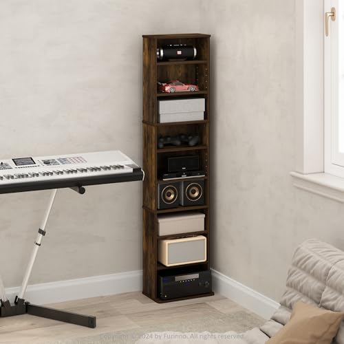 Furinno Jaya DVD Shelf - 9-Shelf Tall Narrow Media Storage Cabinet - Amber Pine / 9-Shelf