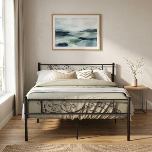 Weehom Full Size Platform Bed Black with Flower Design - Easy Assembly, Heavy Duty Metal Slats