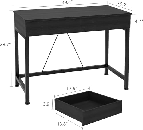 CAIYUN Small Computer Desk with Wooden Drawers - 39 Inch Black Home Office Table