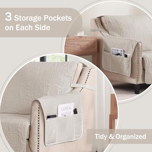 Water-Repellent Quilted Sofa Cover for 88-Inch Grand Sofa - Beige Cream, Waterproof Couch Protector with Anti-Slip Fit