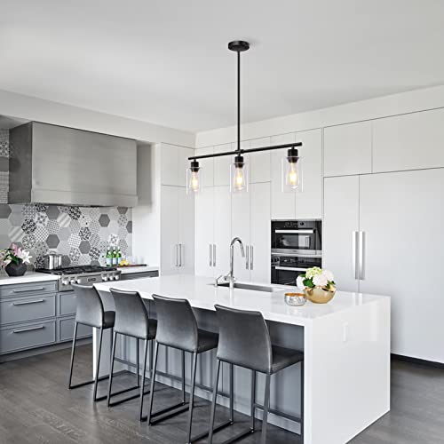 Black 3-Light Rectangular Kitchen Island Pendant Light with Glass Shades - Adjustable Height