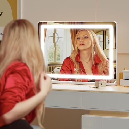 Round White LED Makeup Vanity Mirror with USB Charging & 10X Magnification - 24x19 Inch