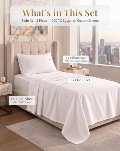 Twin XL Egyptian Cotton Sheets 1000 Thread Count - White, Silky-Smooth