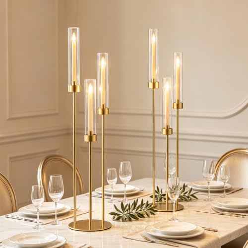 Vincidern 34in 2-Pack Gold 3-Arm Candelabra Centerpieces for Tables (Gold, 2 pcs)