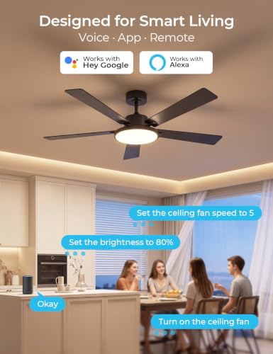 52-Inch Black Smart Ceiling Fan with Lights, Remote & App Control - Walnut/Black