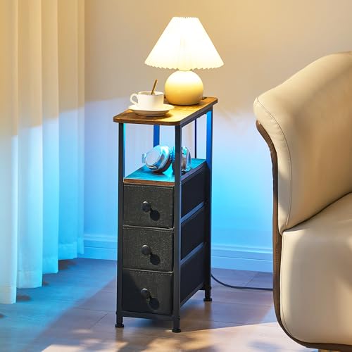 7.9 W x 18.9 D Narrow End Table with Charging Station & LED Light - Rustic Brown