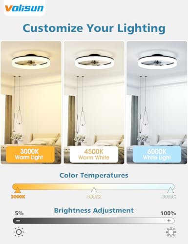 VOLISUN Black 20in LED Ceiling Fan with Lights, Dimmable Remote, Quiet Flush Mount