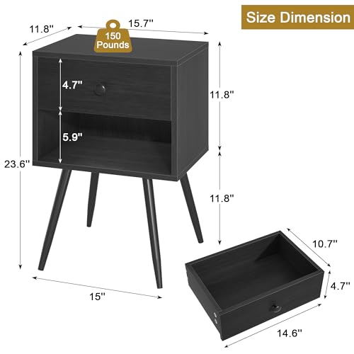 VECELO Black Nightstands Set of 2 | Modern Mid Century Bedside Tables with Storage Drawer & Open Shelves