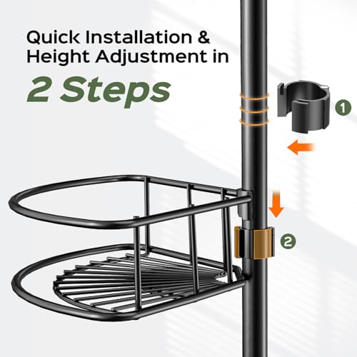 HAMITOR Corner Shower Caddy Tension Pole No-Drill Rustproof Bathroom Shelf - Black