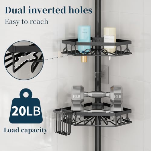 Consumest Black Tension Pole Shower Caddy - 4 Tier Corner Shelves with Brush & Soap Holder, Rustproof Stainless Steel, Adjustable 27.6-108.3 Inches