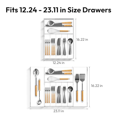 NIUBEE Acrylic Clear Utensil Silverware Tray for Drawer - Expandable & Adjustable