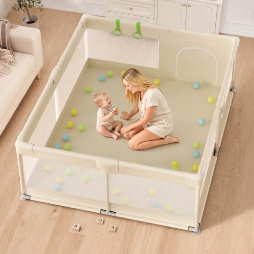 Beige Large Baby Playpen - 69x59 Inch Safety Play Yard for Toddlers & Babies - Sturdy Mesh Sides & Side Pockets