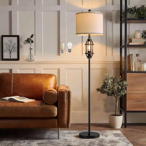 G-SAFAVA 62.5-Inch Industrial Black Floor Lamp with Linen Shade - Tall Standing Living Room Lamp with Dual Rotary Switch