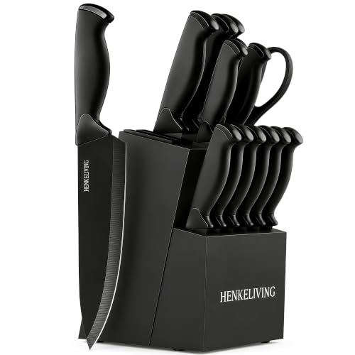 Black Kitchen Knife Block Set with Built-In Sharpener - 14 Pieces