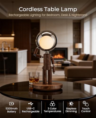 Rechargeable Wooden Table Lamp with Dimmable Moon Design - Black Walnut Variation