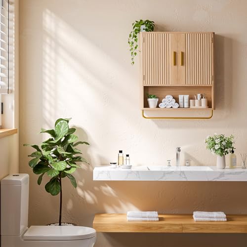Memobarco Natural Oak Bathroom Wall Cabinet with Fluted Door & Adjustable Shelf