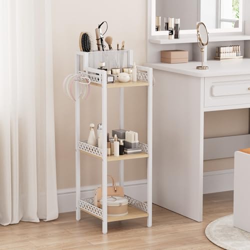 White Slim Bathroom Storage Shelf Unit with 3 Tiers and Toilet Paper Holder - 9.85in Wide