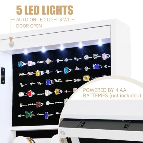 White Full Length Mirror Jewelry Cabinet Organizer with Lock & LED Lights - Off White, 43.3x12.4 Inches