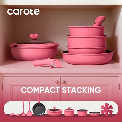 Nonstick 15-Piece Pots and Pans Set with Detachable Handle - Dark Pink