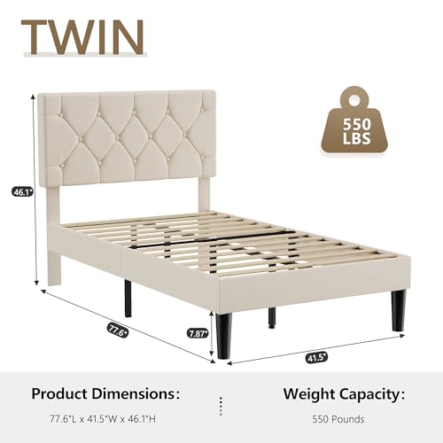 VECELO Upholstered Twin Bed Frame with Adjustable Headboard, Beige