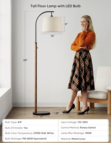 Dimmable Mid-Century Modern Arc Floor Lamp with Linen Shade - Black and Rustic Brown