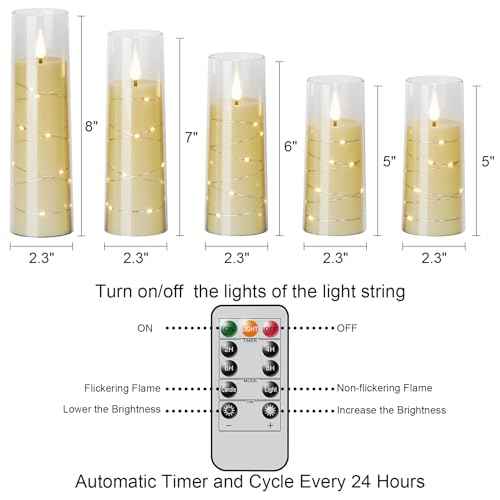 GenSwin Flickering Flameless Candles with Remote Timer, 5 Pack Battery Operated with Embedded Star String, Clear LED Battery Candles for Halloween Christmas Wedding Decor(D2.3¡± x H5¡±5¡±6¡±7¡±8¡±)