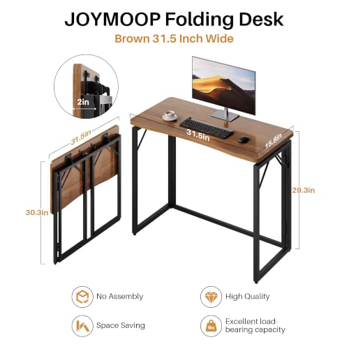 Brown 31.5-Inch Folding Desk - No Assembly Wooden Top, Small Space-Saving Table
