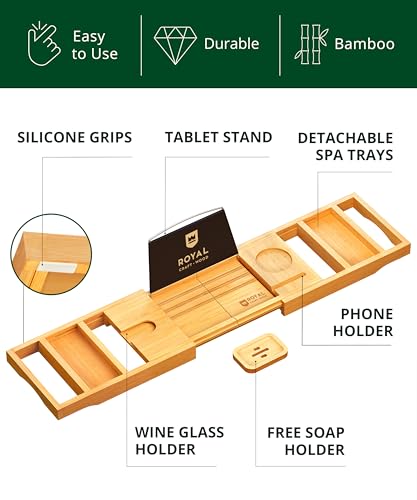 Natural Foldable Wooden Bathtub Tray Caddy - Expandable Bamboo Bath Shelf for Tub, Bathroom Accessories
