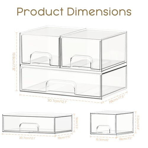 Criusia Stackable Storage Drawers, 3 Pack Clear Acrylic Makeup &