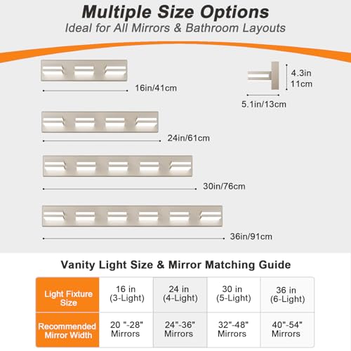 Leifod Nickel 4-Light Modern LED Vanity Light Fixture, 24 Inch Dimmable Bathroom Wall Light, No Assembly Required