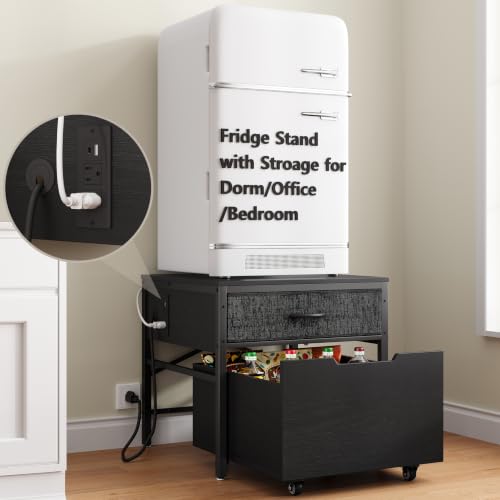 MAJALiS Mini Fridge Riser Stand Table with Storage & Power Outlet, Black