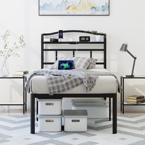 Twin Bed Frame with Storage Headboard and Charging Station - 18 Inch Black, Easy Assembly