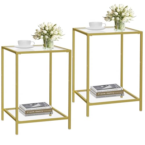 Gold Side Tables Set of 2 with Tempered Glass - Square End Tables, Modern Living Room & Bedroom Decor, 15.7"D x 15.7"W x 23.6"H