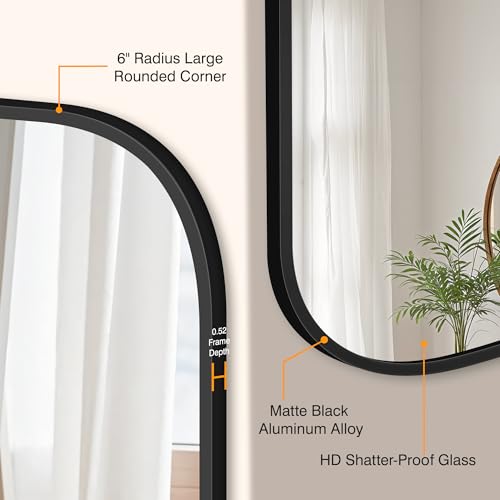30x30 Inch Black Bathroom Vanity Wall Mirror with Rounded Corners