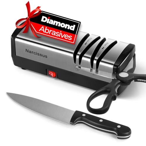 Electric Knife Sharpener with Diamond Abrasives and Scissors Sharpener - Silver (Adaptor Included)