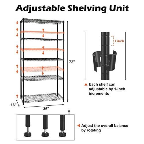 5-Tier Heavy Duty Wire Shelving Unit with Wheels - 36"D x 16"W x 75"H, Adjustable Storage Rack