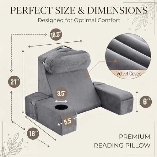 AS AWESLING 21 Inch Gray Reading Pillow with Detachable Arms & Built-in Cup Phone Caddy for Bed & Lounge