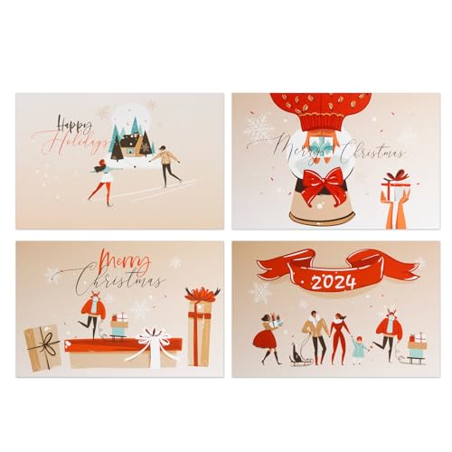 NOVELTYBOXUSA 24 Christmas Cards with Envelopes – 4 x 6, 4 Designs, Blank Inside, Boxed (Brown-Red variant)