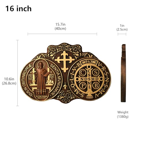 16 Inch Wooden Saint Benedict Wall Decor Medal Pendant Handmade Gold Finish
