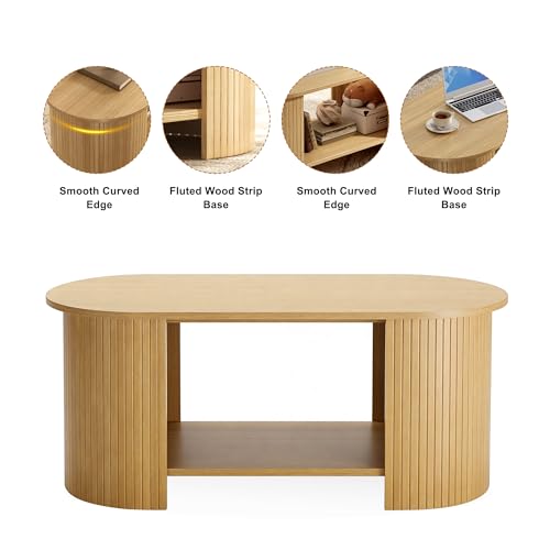 Oak MXV Oval Fluted Coffee Table 2-Tier Mid Century Modern Center Table with Storage - 42 Inches