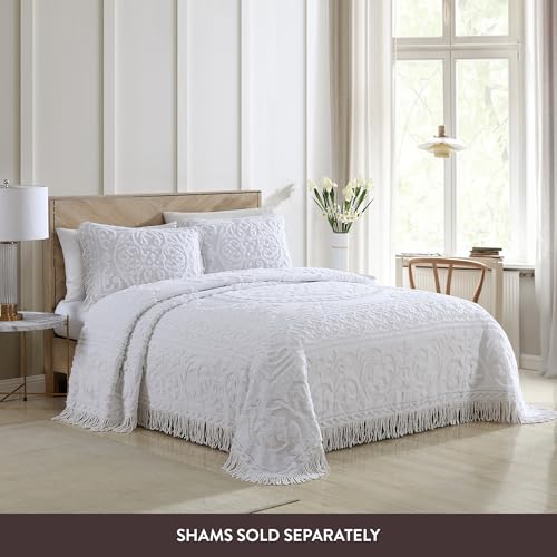 Queen Cotton Chenille Bedspread with Medallion Design - White - Beatrice Home Fashions - Variation: Queen / White